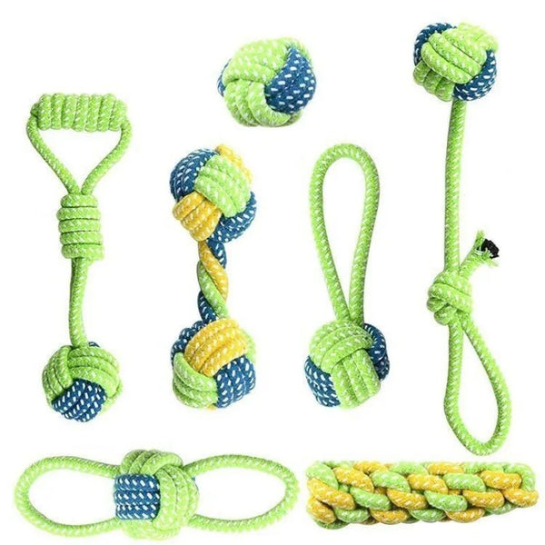 Cotton rope dog toy for dogs that supports dental cleaning, chewing, and interactive tug and fetch play.