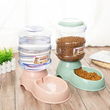 Automatic gravity pet feeder and water dispenser for dogs and cats that provides continuous food and fresh water with spill-free design.