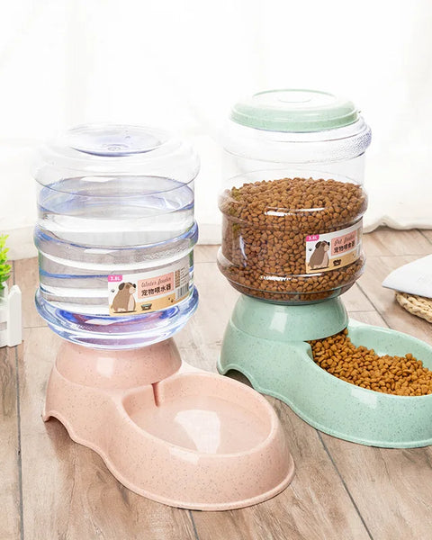 Automatic gravity pet feeder and water dispenser for dogs and cats that provides continuous food and fresh water with spill-free design.