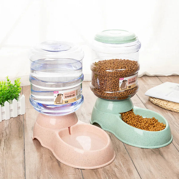 Automatic gravity pet feeder and water dispenser for dogs and cats that provides continuous food and fresh water with spill-free design.