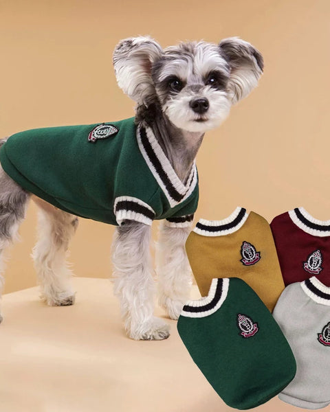 Warm knitted V-neck pet sweater made from soft polyester fiber, designed for small and medium dogs and cats to provide thermal insulation, comfort, and stylish winter wear