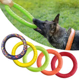 EVA floating dog ring toy for dogs that supports fetch training, physical exercise, and mental stimulation.