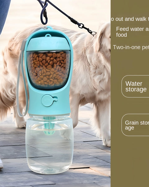 2-in-1 portable pet water bottle with built-in food storage and drinking bowl, leak-proof design for dogs and cats during travel and outdoor walks