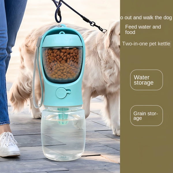 2-in-1 portable pet water bottle with built-in food storage and drinking bowl, leak-proof design for dogs and cats during travel and outdoor walks