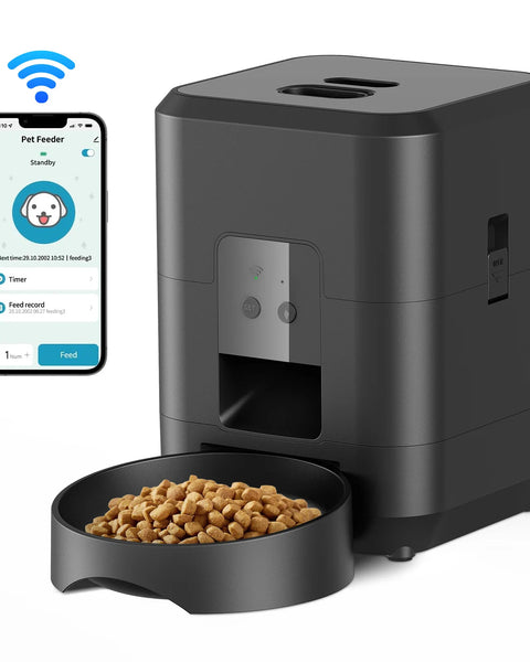 Automatic pet feeder for dogs and cats that provides scheduled portion control feeding to support healthy eating and weight management.