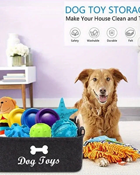Felt pet storage box for dogs and cats that organizes toys and accessories while keeping home spaces tidy and clutter-free.