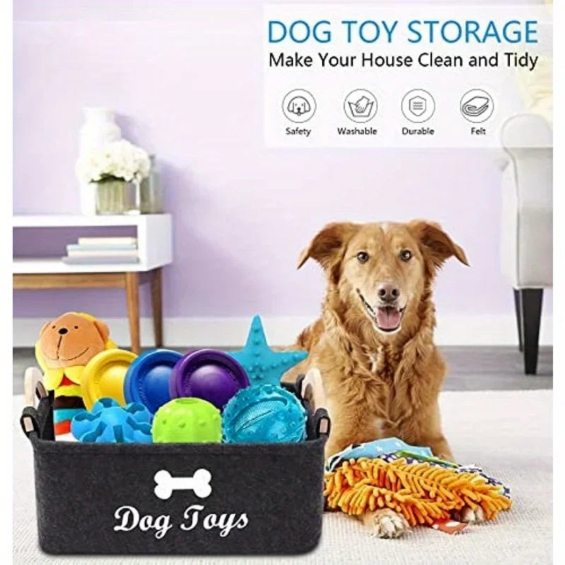 Felt pet storage box for dogs and cats that organizes toys and accessories while keeping home spaces tidy and clutter-free.