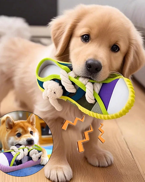Squeaky slipper-shaped dog toy for dogs that supports chewing, dental cleaning, and mental stimulation during interactive play.