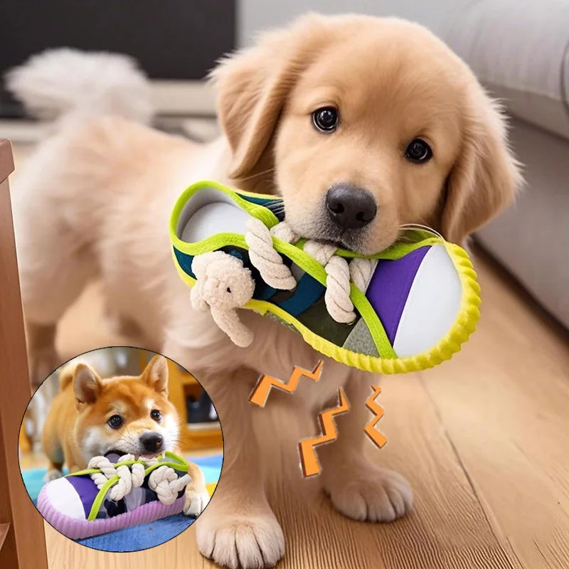 Squeaky slipper-shaped dog toy for dogs that supports chewing, dental cleaning, and mental stimulation during interactive play.