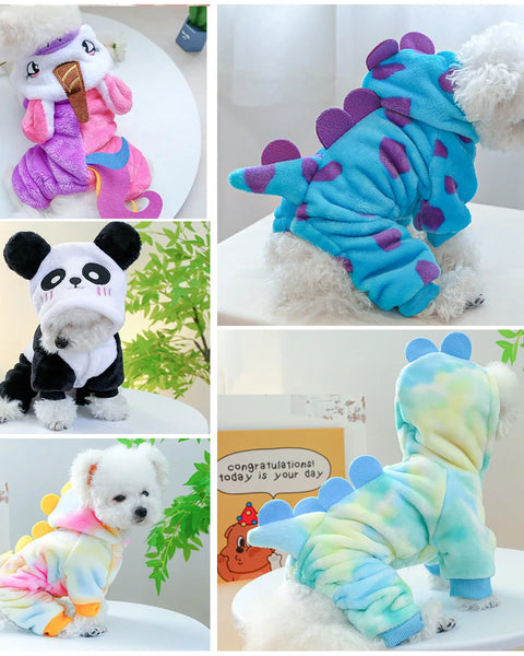 Warm fleece dog and cat jumpsuit cosplay dinosaur unicorn design – four leg pet clothing for winter and autumn