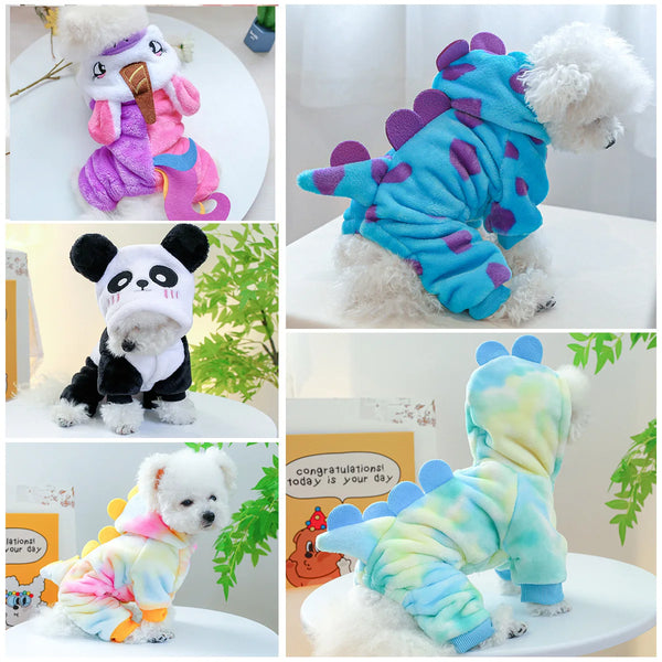Warm fleece dog and cat jumpsuit cosplay dinosaur unicorn design – four leg pet clothing for winter and autumn