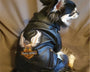 Stylish waterproof PU leather dog jacket with eagle pattern. Keeps small dogs and puppies warm, comfortable, and protected during outdoor walks and winter adventures