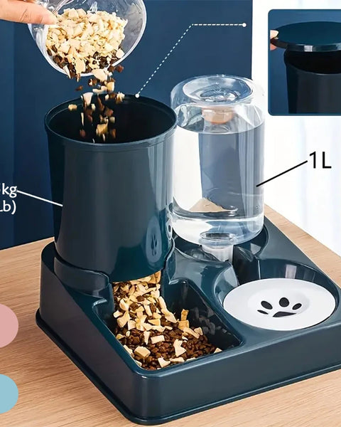 Automatic pet feeder and water dispenser 2-in-1 for cats and small dogs. Gravity-based system ensures continuous fresh food and water, promoting healthy digestion and convenience for daily feeding.