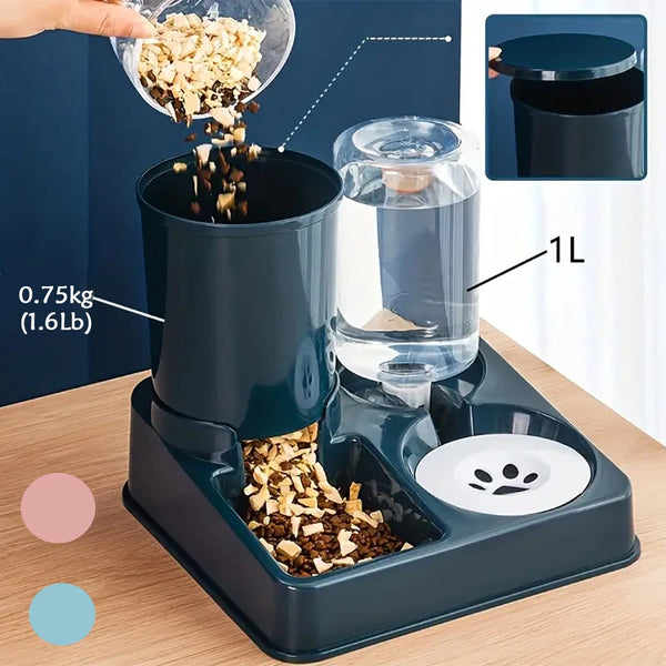 Automatic pet feeder and water dispenser 2-in-1 for cats and small dogs. Gravity-based system ensures continuous fresh food and water, promoting healthy digestion and convenience for daily feeding.