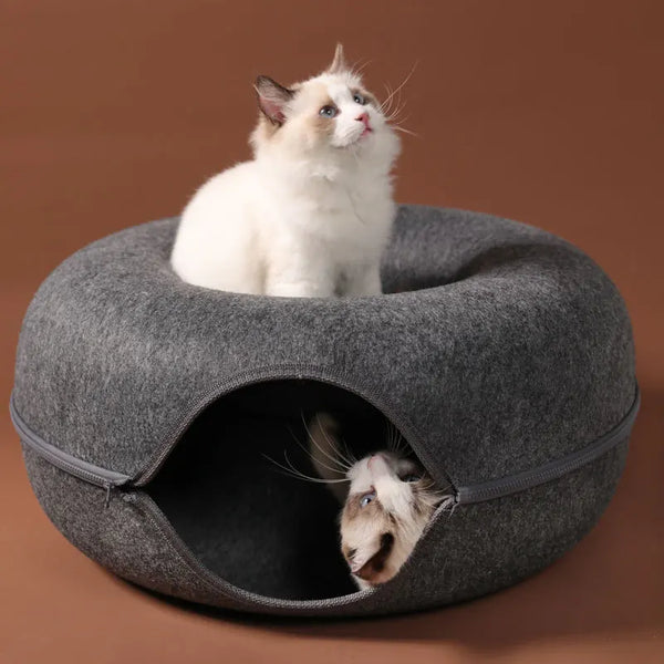 Cozy felt cat tunnel and bed for 1-2 cats. Soft, durable, and multifunctional design provides comfort, play, and interactive hiding space. Easy to clean, split into separate beds, and suitable for multi-cat households.