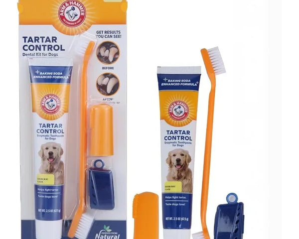 Original dog dental care kit, tartar removal, breath freshening, teeth whitening, healthy gums, easy to use, banana flavor.