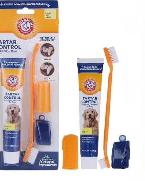 Original dog dental care kit, tartar removal, breath freshening, teeth whitening, healthy gums, easy to use, banana flavor.