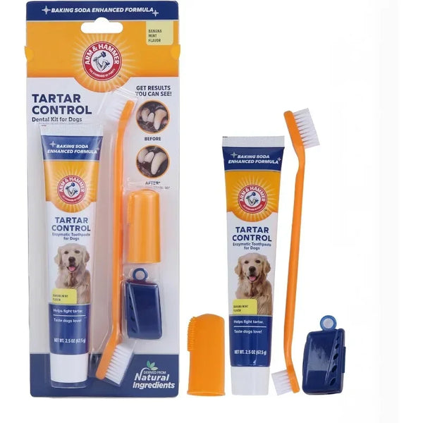 Original dog dental care kit, tartar removal, breath freshening, teeth whitening, healthy gums, easy to use, banana flavor.
