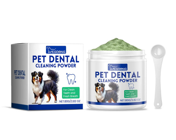 Original dog teeth cleaning powder for fresh breath, tartar and plaque removal, promoting healthy gums and oral hygiene.