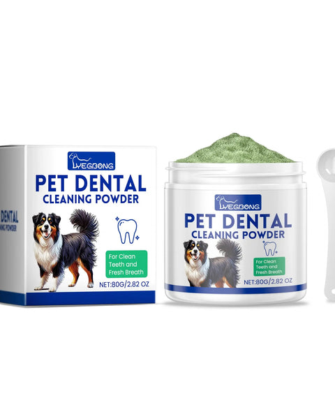Original dog teeth cleaning powder for fresh breath, tartar and plaque removal, promoting healthy gums and oral hygiene.