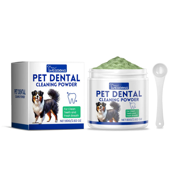 Original dog teeth cleaning powder for fresh breath, tartar and plaque removal, promoting healthy gums and oral hygiene.