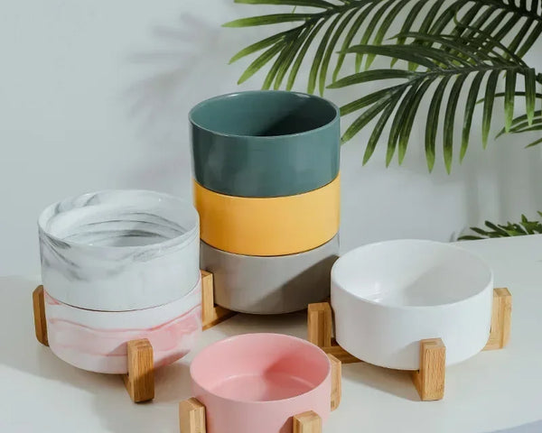 Elevated ceramic pet bowl with wooden frame for dogs and cats, promoting healthy posture and comfortable feeding