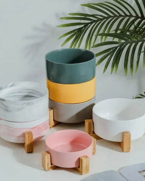 Elevated ceramic pet bowl with wooden frame for dogs and cats, promoting healthy posture and comfortable feeding"