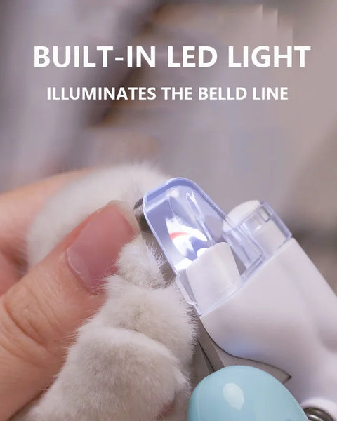 Pet nail trimmer with built-in LED light for safe and precise claw trimming. Suitable for cats, dogs, puppies, rabbits, and small animals. Durable and easy to use.