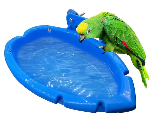 Original multifunctional parrot food tray and bath in blue, safe feeder, play, and bathing accessory for parrots, parakeets, and cockatiels.
