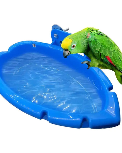 Original multifunctional parrot food tray and bath in blue, safe feeder, play, and bathing accessory for parrots, parakeets, and cockatiels.