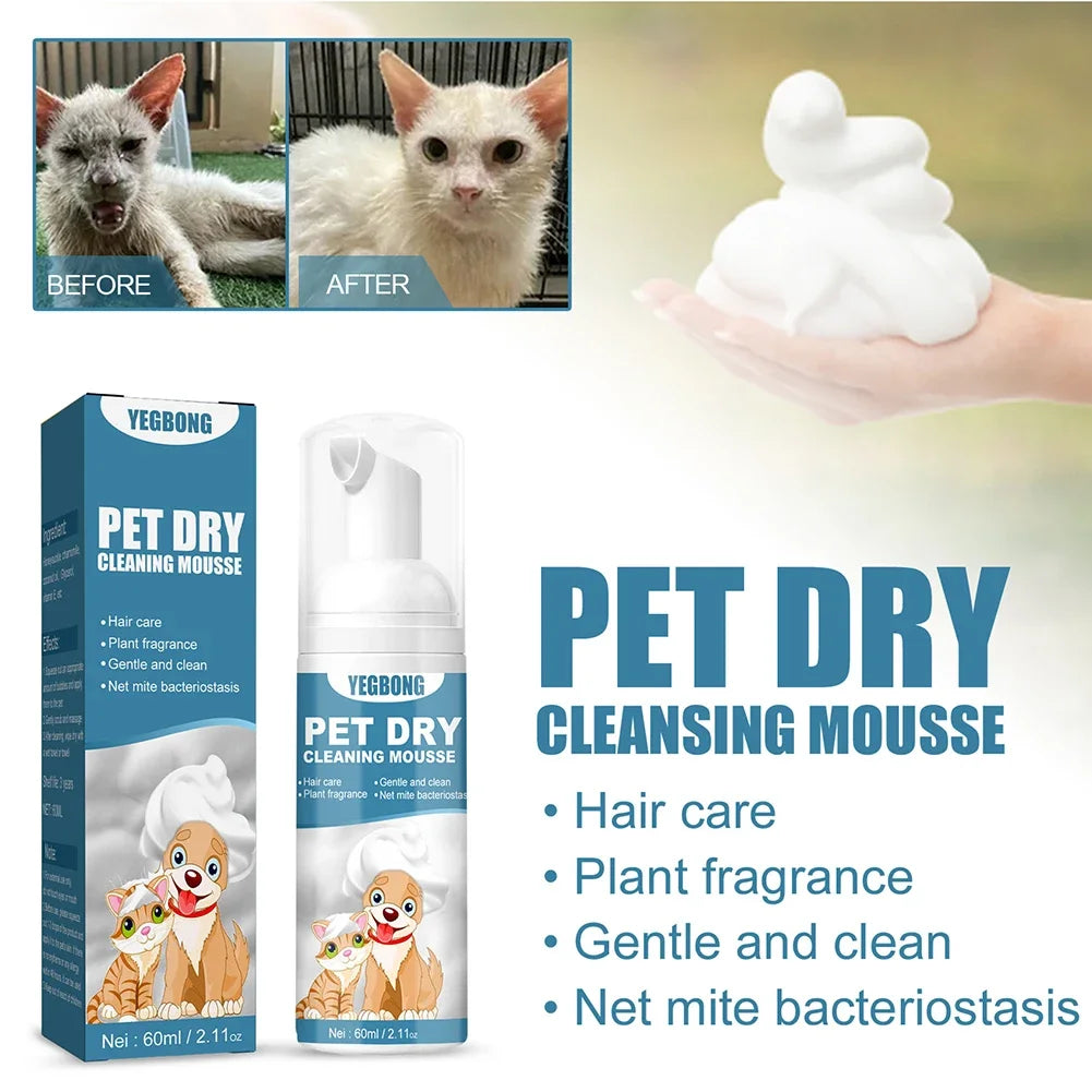 Original pet dry shampoo for dogs and cats, waterless cleaning, deodorizing, fur softening, and detangling.