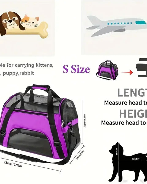 Soft-sided, portable carrier bag for small to medium dogs and cats. Durable, lightweight, foldable design with breathable mesh panels for ventilation. Keeps pets safe, cozy, and comfortable during travel, outings, or trips to the vet.