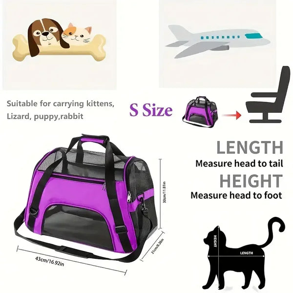 Soft-sided, portable carrier bag for small to medium dogs and cats. Durable, lightweight, foldable design with breathable mesh panels for ventilation. Keeps pets safe, cozy, and comfortable during travel, outings, or trips to the vet.