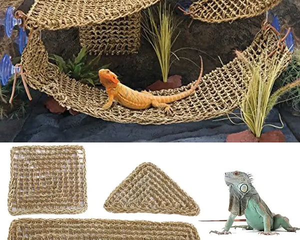 Original hand-woven reptile hammock lounge, soft and durable, provides safe resting, climbing, and enrichment for bearded dragons, chameleons, geckos, iguanas, snakes, hamsters, and small birds.