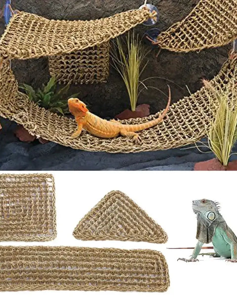 Original hand-woven reptile hammock lounge, soft and durable, provides safe resting, climbing, and enrichment for bearded dragons, chameleons, geckos, iguanas, snakes, hamsters, and small birds.
