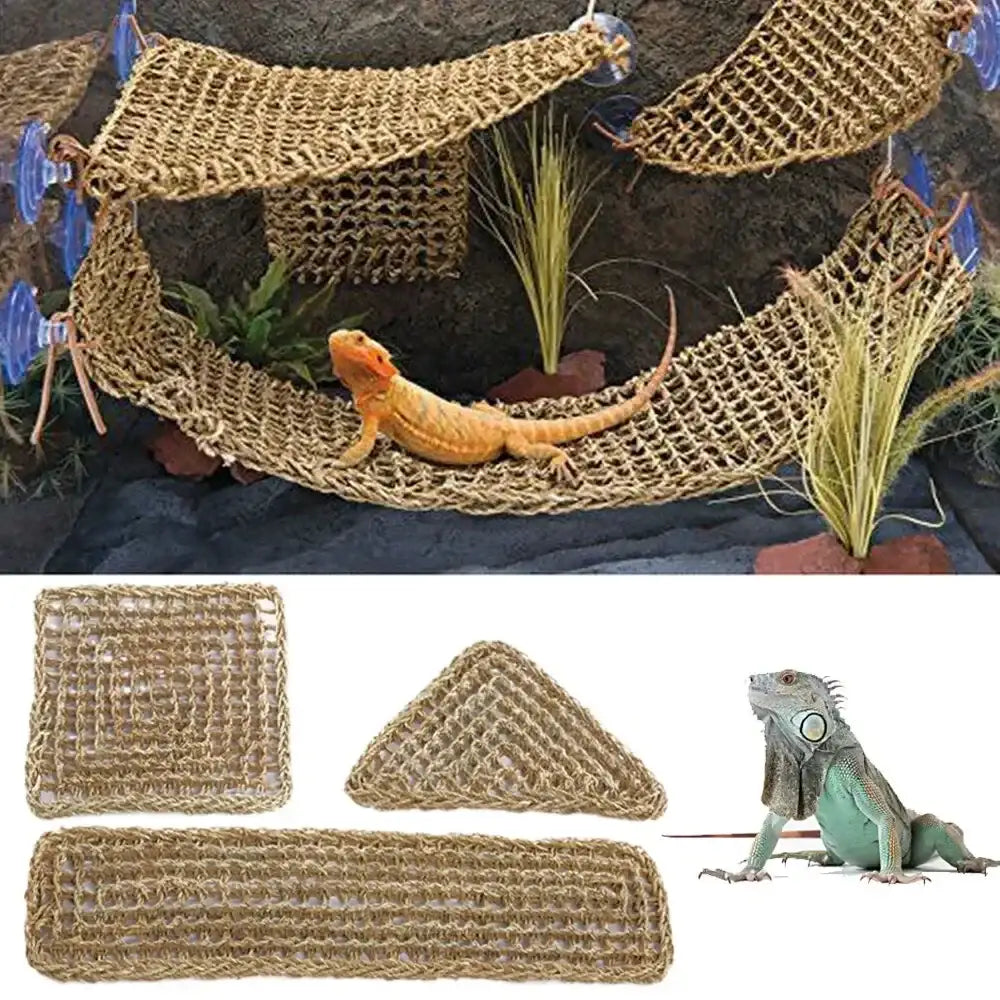 Original hand-woven reptile hammock lounge, soft and durable, provides safe resting, climbing, and enrichment for bearded dragons, chameleons, geckos, iguanas, snakes, hamsters, and small birds.