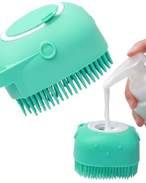 Original silicone pet bath brush and massager with built-in shampoo dispenser, safe for dogs and cats, ergonomic, non-slip, promotes comfort, hygiene, and gentle massage.
