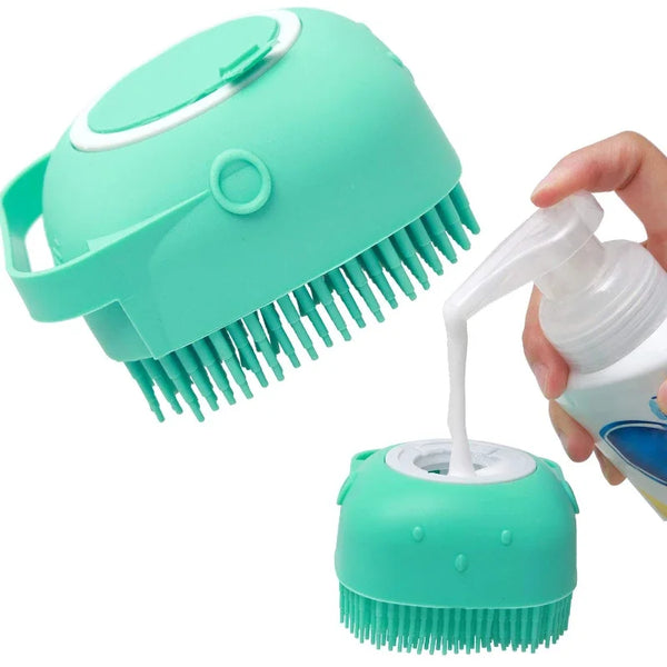 Original silicone pet bath brush and massager with built-in shampoo dispenser, safe for dogs and cats, ergonomic, non-slip, promotes comfort, hygiene, and gentle massage.