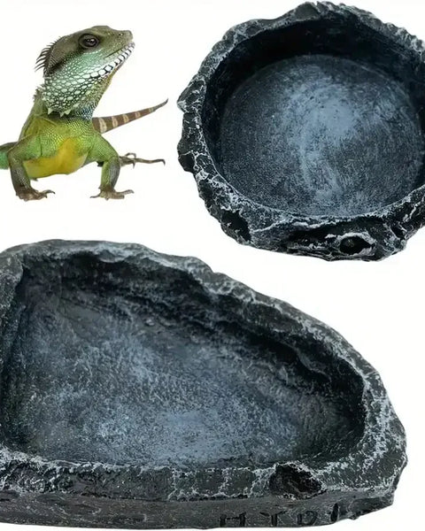 Original reptile feeding and water bowl, non-toxic durable material, realistic stone design, safe for bearded dragons and small reptiles.