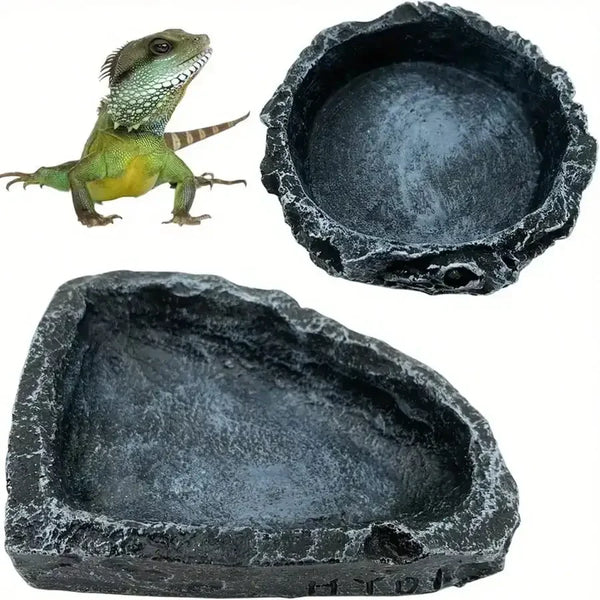 Original reptile feeding and water bowl, non-toxic durable material, realistic stone design, safe for bearded dragons and small reptiles.
