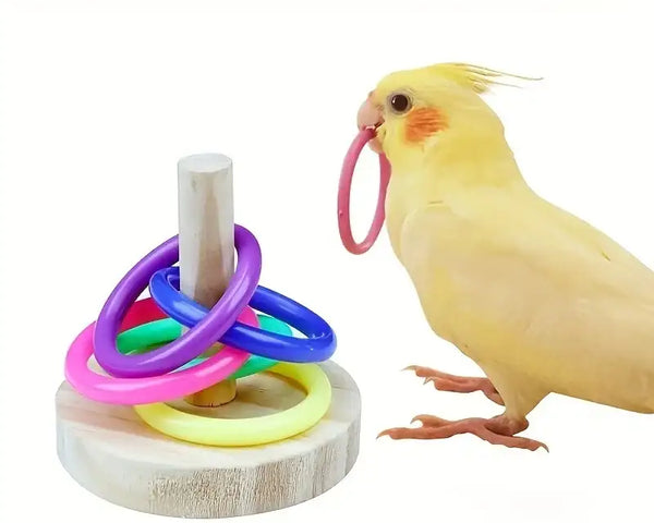 Original wooden interactive parrot ring toy, safe and durable, provides mental stimulation, physical exercise, and engaging play for parrots, cockatiels, parakeets, and small birds.