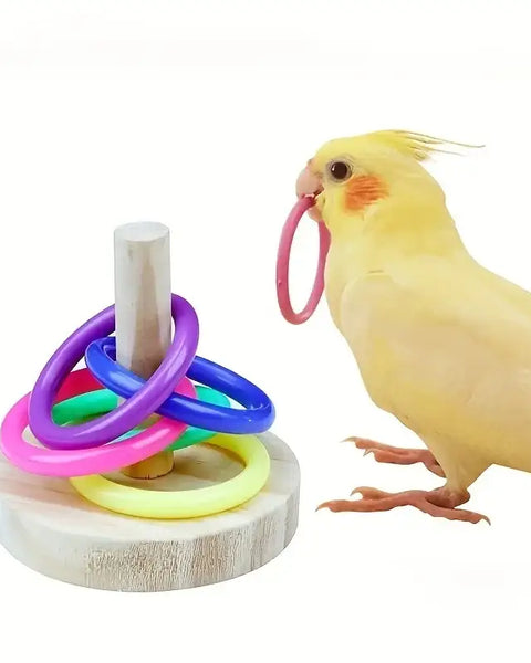Original wooden interactive parrot ring toy, safe and durable, provides mental stimulation, physical exercise, and engaging play for parrots, cockatiels, parakeets, and small birds.