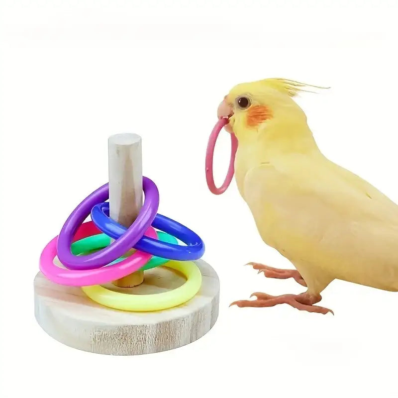 Original wooden interactive parrot ring toy, safe and durable, provides mental stimulation, physical exercise, and engaging play for parrots, cockatiels, parakeets, and small birds.